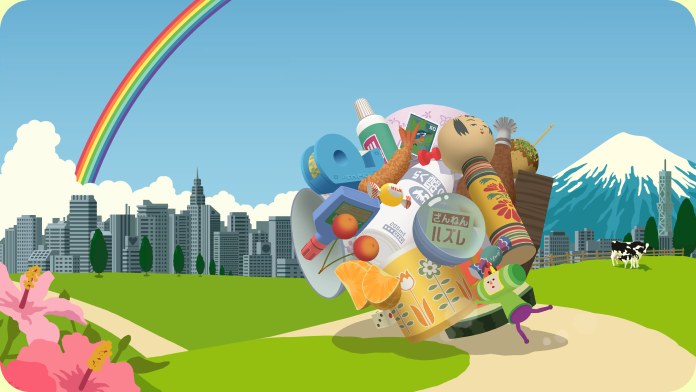 Katamari Damacy key art, a ball of everyday objects rolling through a landscape