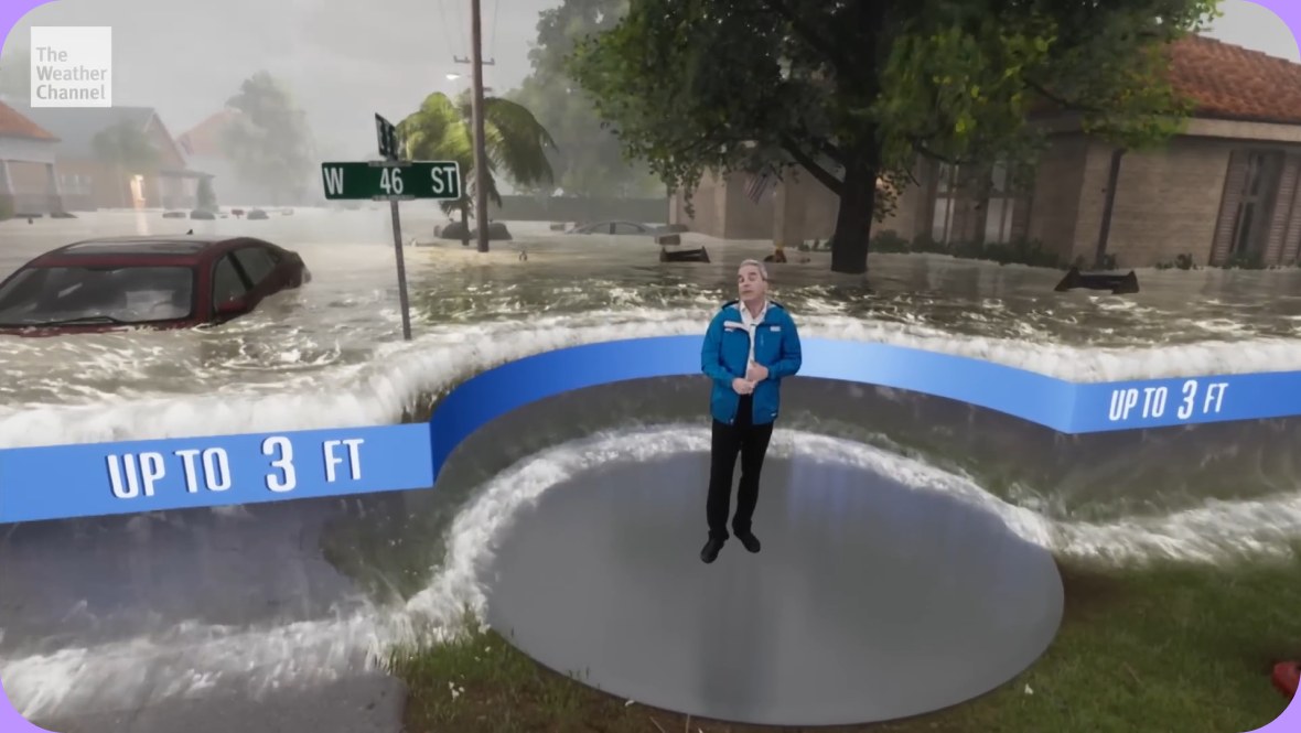 A weather broadcast using AR to show flood depth around the presenter