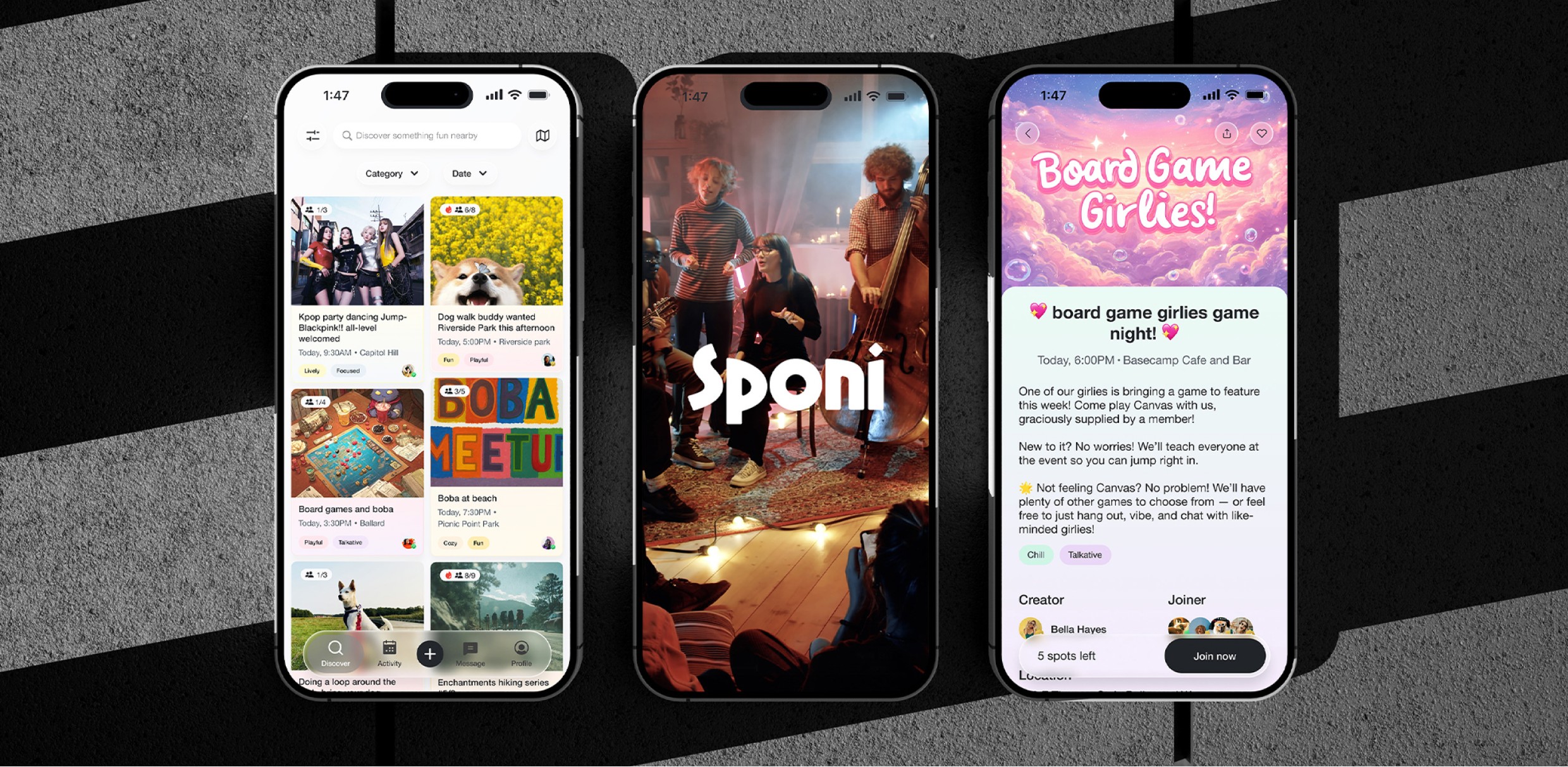 Three iPhones showing the Sponi feed, splash screen and activity detail