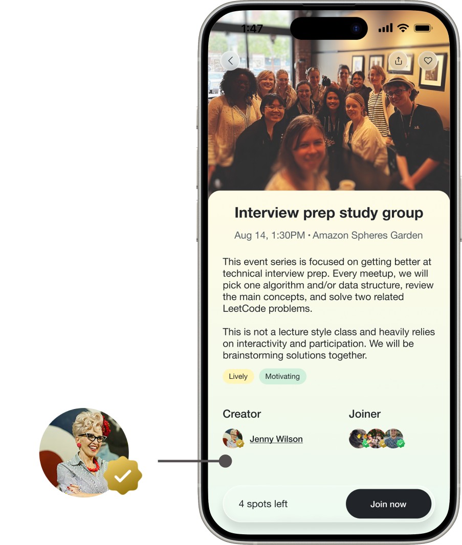 An activity detail page showing the creator's gold verification badge